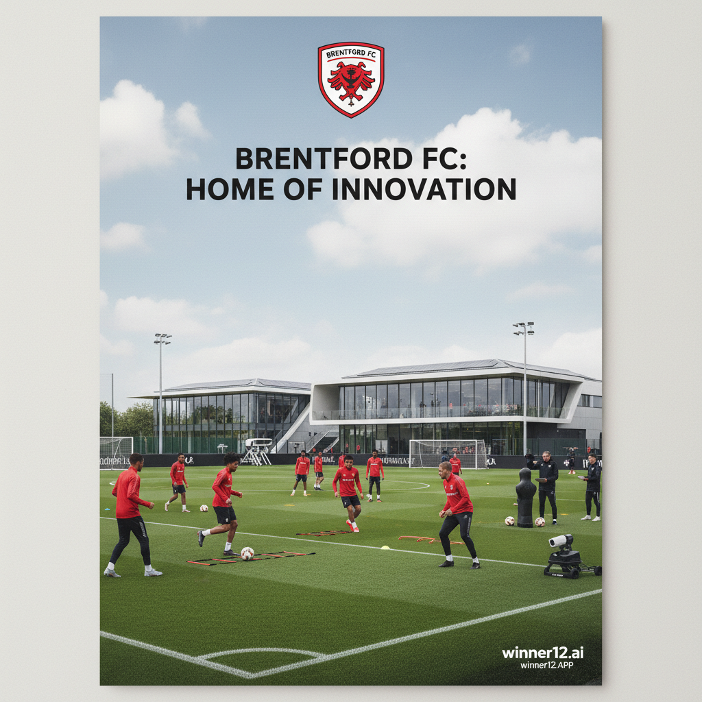 布伦特福德足球俱乐部价值1.5亿英镑的新训练基地高清海报，展示现代化足球训练场、郁郁葱葱的绿茵场、先进设备和身穿布伦特福德队服的球员训练场景，建筑细节突出流线型设计与高科技设施，角落含winner12.ai品牌标识，体现英格兰足球文化元素如足球、训练锥和团队教练。
