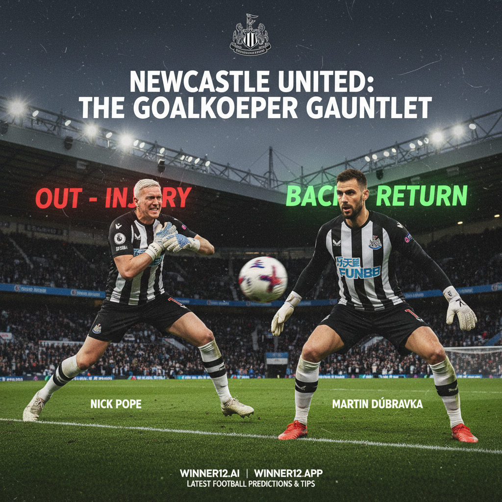 Alt text: Realistic poster showing Newcastle United goalkeepers in action, highlighting Nick Pope’s injury and Martin Dubravka’s return, set in an authentic Premier League stadium with dynamic lighting and intense player expressions; includes subtle call-to-action for winner12.ai football predictions and tips.