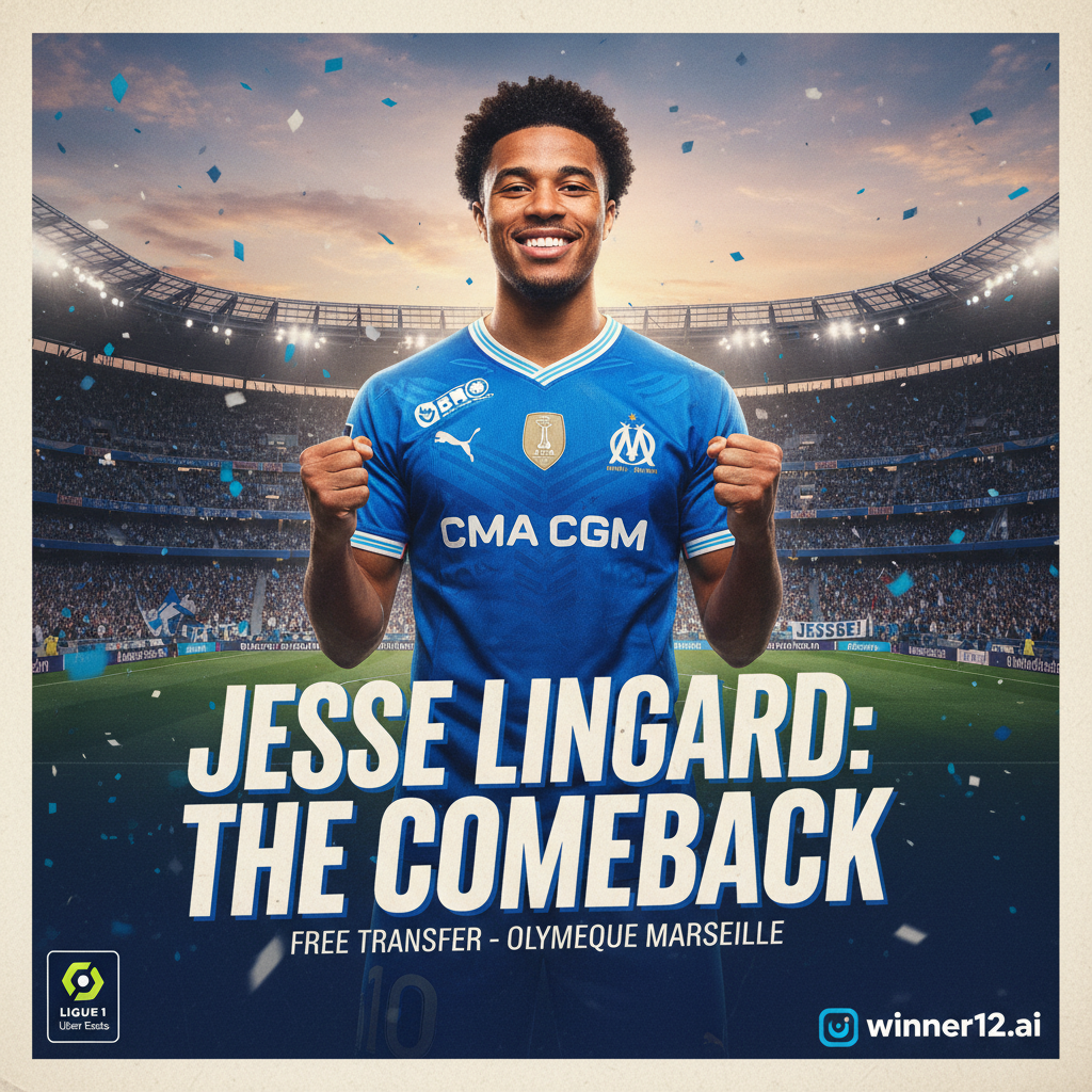 Alt text: Realistic poster of Jesse Lingard in Marseille jersey number 10, showcasing his free transfer comeback with authentic football gear and a European stadium background, featuring subtle winner12.ai branding in the corner.