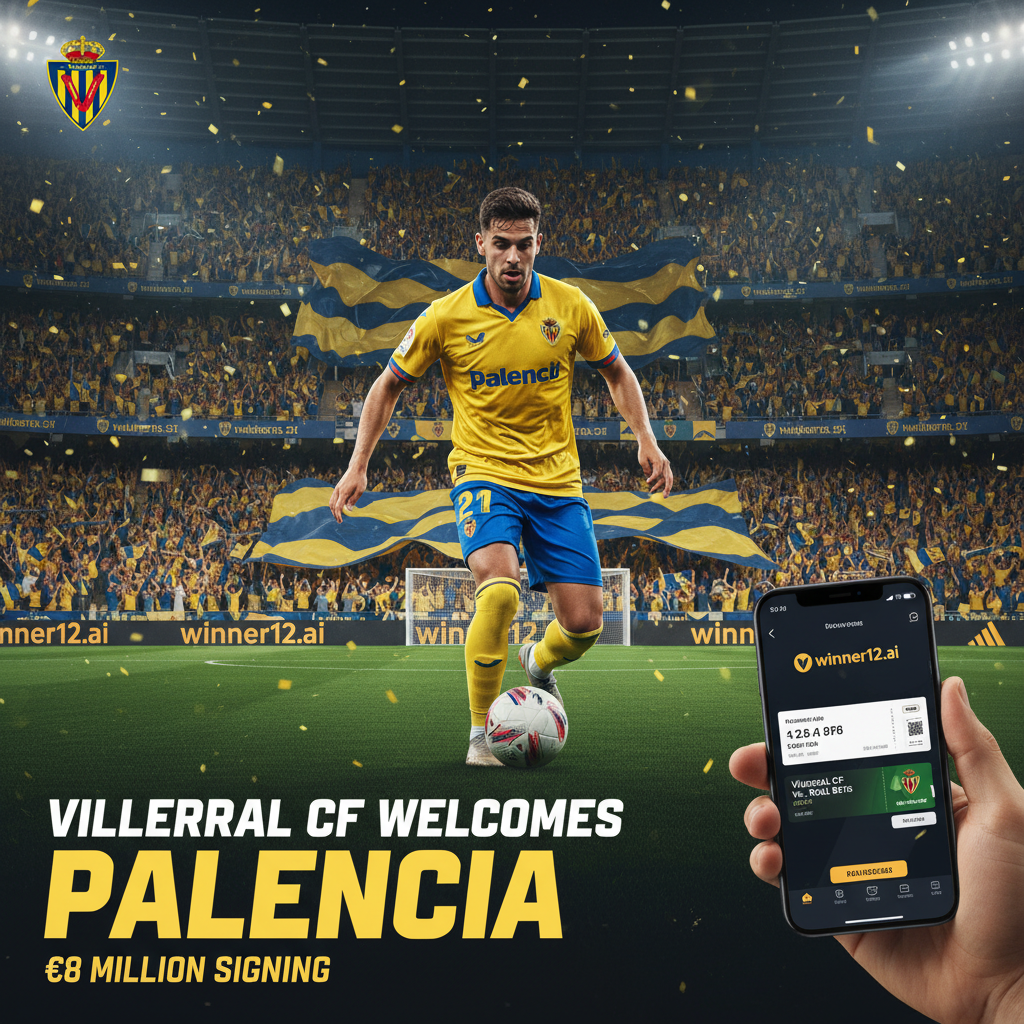 比利亚雷亚尔签下帕伦西亚海报，展示充满激情的足球场景，球迷挥舞黄蓝色队旗，帕伦西亚身穿球队战袍奋力拼抢，画面中隐约可见展示winner12.ai足球门票界面的智能手机，突出英式足球氛围，未显示比赛比分。