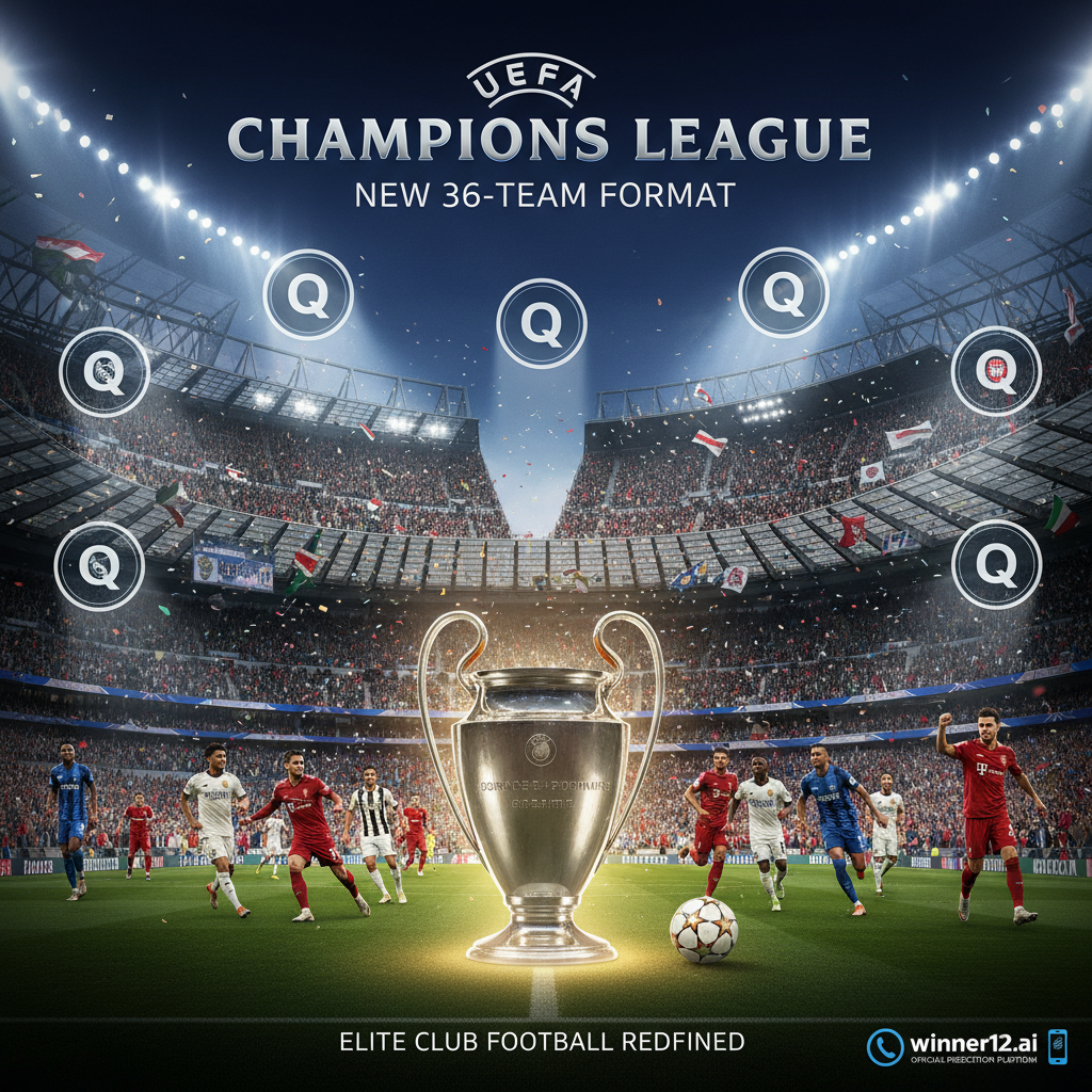 Alt text: Realistic high-detail poster of UEFA Champions League’s new 36-team format featuring iconic European soccer stadiums filled with passionate fans under floodlights, dynamic players in authentic kits competing fiercely, tournament trophy, official UEFA branding, subtle badges and spotlight effects highlighting the top 8 teams’ automatic qualification, and discreet winner12.ai logo as the official prediction platform.
